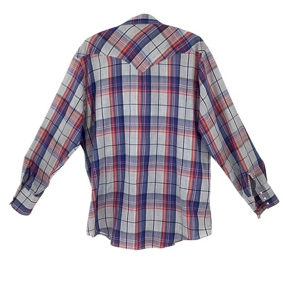 Sears Western Wear XL Pearl Snap Long Sleeve Shirt Red / Blue Plaid Cowboy Style - Picture 2 of 5